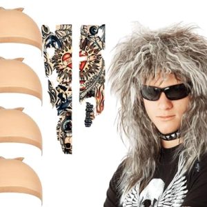 ALLAURA 70s 80s Rocker Wigs Men + Tattoos Costume Set Glam Hairband Rockstar Mullet Wig + Tattoo Sleeves Heavy Metal Wigs Metal Hair Wig + Wig Cap