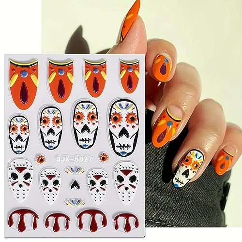 3 Sheets,5D Embossed Halloween Nail Art Stickers, Adhesive Slider Zombie Ghost Blood Spider Bat Nail Designs Halloween Nail Accessories Decorations for Women Girls (5D Zombie 3Pcs) - Image 3