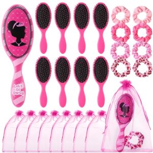 24 Pcs Hot Pink Princess Party Favors for 8 Girls, Pink Girl Party Supplies Include 9 Inch Hair Brush for Girls Detangling Brush Pink Scrunchies Organza Bag for Makeup Kit Hair Accessories