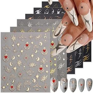 6 Sheets Sun Star Nail Art Stickers Moon Nail Stickers Fish Bone Nail Decals Gold Rose Sliver Fish Bone Moon Star Design Nail Art Supplies for Women Girls Acrylic Nails Decorations Salon Accessories