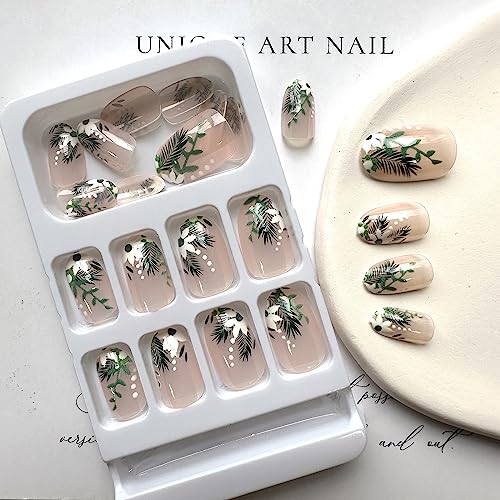 Almond Press on Nails Medium Length Fake Nails Cute Spring Summer Acrylic Nails Full Cover Round Head Shaped False Nails with Green Leaves Designs Glossy Nude Stick on Nails for Women Girls, 24Pcs - Image 3