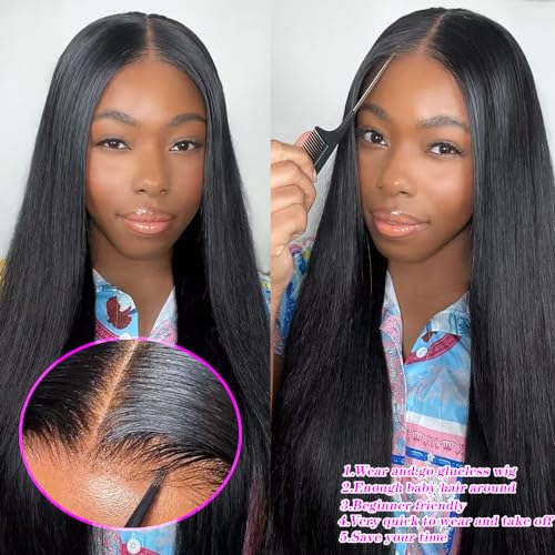 Pre Cut 13x4 HD Lace Glueless Wigs Human Hair Wear and Go Wigs Straight Lace Front Wigs Brazilian Human Hair Wigs No Glue Lace Frontal Wig Human Hair with Baby Hair 180% Density Natural Color 24 Inch - Image 3