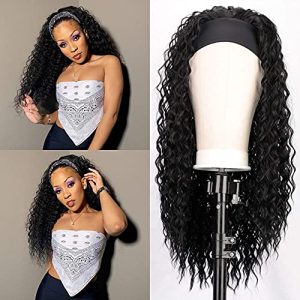 YISEA Headband Wig Human Hair Curly Wig with Headband for Black Women 16 Inches Deep Wave Machine Made None Lace Front Wig 150% Density Brazilian Virgin Headband Wigs