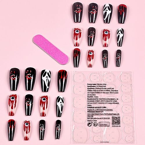 24 Pcs Halloween Black Coffin Press On Nails with Bloody Eyeball Ghost Face Design - Image 4
