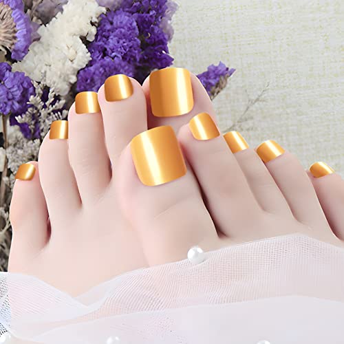 Press on Toenails 120pcs Short Square Fake Toenails Full Cover Gold Glossy Acrylic False Toe Nails Tips with 5 Sheets Adhesive Glue Tabs for Women and Girls Foot Decor - Image 6