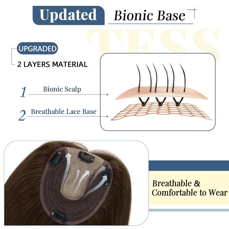 TESS 12 Inch Chocolate Brown 100% Human Hair Topper for Thinning Hair, 150% Density - Image 4