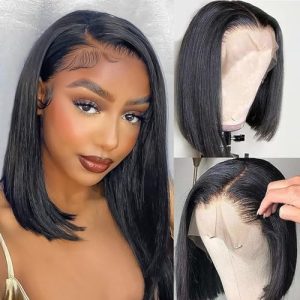 Bob Wig Human Hair 13x4 Hd Lace Front Wigs Human Hair Pre Plucked 180 Density Short Bob Wigs Lace Frontal Wig Glueless Wigs Brazilian Virgin Human Hair for Women with Baby Hair Natural Black 12 Inch