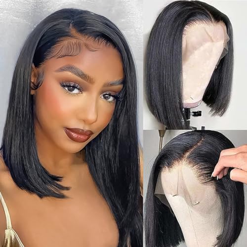 Bob Wig Human Hair 13x4 Hd Lace Front Wigs Human Hair Pre Plucked 180 Density Short Bob Wigs Lace Frontal Wig Glueless Wigs Brazilian Virgin Human Hair for Women with Baby Hair Natural Black 12 Inch