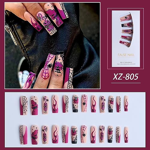 Halloween Press on Nails Long Coffin Fake Nails Full Cover False Nails with Scary Ghost Designs Spider Web Acrylic Nails Matte Stick on Nails Halloween Artificial Nails for Women and Girls 24Pcs - Image 7