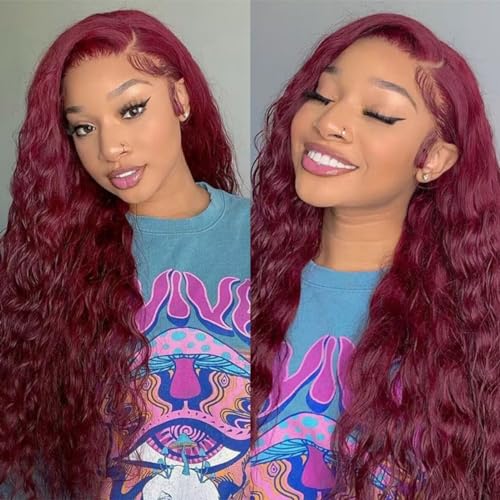 99J Burgundy Lace Front Wigs Human Hair 13X4 Water Wave Lace Front Wigs for Women Human Hair Glueless Red Deep Colored Curly Lace Front Wig Pre Plucked Bleached Knots 180% Density 26 Inch