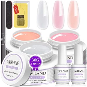 SAVILAND Builder Gels for Nails: 3 Colors 30g Clear Nudes Pink Hard Gel for Nails Extension Gel Set with 15ml Base Top Coat 100pcs Nail Forms Nail Brush Nail Art Manicure Set for Professionals
