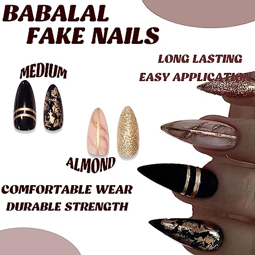 BABALAL Almond Press on Nails Medium Fake Nails Black Gold Stick on Nails 24Pcs Stiletto Acrylic Nails for Women and Girls - Image 6