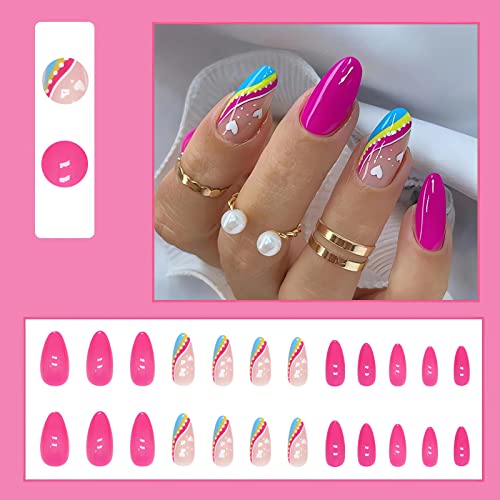 IMSOHOT Medium Almond Press on Nails Stiletto Frech Tips Fake Nails with Nail Glue Hot Pink Acrylic False Nails Glossy Nails Colorful and Heart Designs 24PCS - Image 4