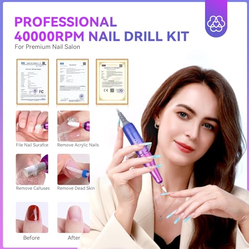SAVILAND Electric Nail Drill Professional:2024 Night Elf Colors- 40000RPM Nail Drill Machine|Faster Removal Acrylic Nails& Large Battery Capacity Satisfy for Nail Art,Pedicure Manicure Home Nail Salon - Image 4