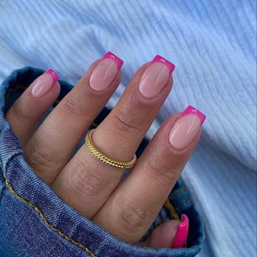 KQueenest Hot Pink French Tip Press on Nails Short Square,Natural Nude Gel Nails Press On,Durable Short Coffin Fake Nails Acrylic Stick On Nails with Design,Petite False Nails in 30 PCS