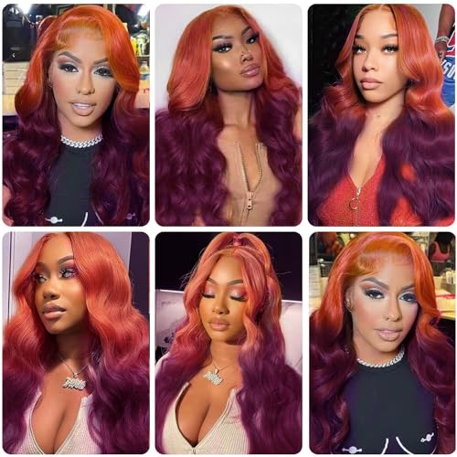 Ginger to Dark Purple Ombre 26 Inch Body Wave Human Hair Wig 150% Density Lace Front - Image 7