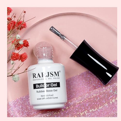 RARJSM Nude Glitter Rubber Base Gel Nail Polish Icy Jelly Pink Rainbow Shimmer Rubber Base Gel for Nails Iridescent Brush on Quick Extend Builder Hard Gel Soak Off Curing Requires 15ml French Manicure - Image 4