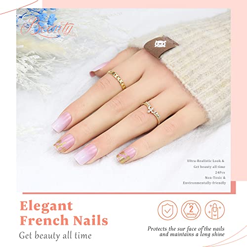 Square Press on Nails Short Fake Nails Fashion Flash Powder White Designs Artificial Gold Foil Glitter Acrylic False Nails For Women Nail Glue for Press on Nails 24Pcs - Image 7