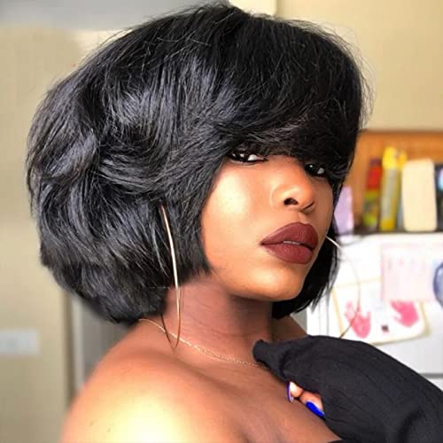 10inch Short Yaki Wavy Bob Human Hair Wig with Bangs 180% Density Short Cut Scalp Wig None Lace Italian Yaki Human Hair Wigs Glueless Wavy Black Bob Bangs Scalp Top Human Hair for Women - Image 2