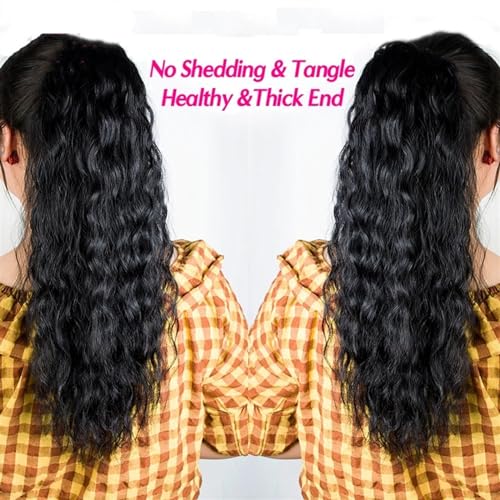 Ponytail Extension Human Hair Drawstring Ponytail Extension Water Wave Ponytail Hair Pieces Natural Color Natural Wave Ponytail Clip in Hair Extensions for Black Women Hairpiece for Women (Color : Bl - Image 3