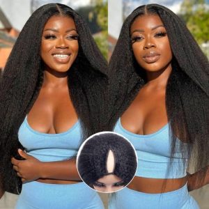 210% Density V Part Kinky Straight Wig Human Hair Beginer Friendly Gluless Updated U Part Wigs For Women V-Part Clip in Wigs No Leave Out V-shape Half Wigs Natural Color (24 Inch)