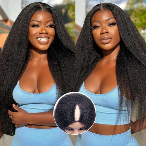 210% Density V Part Kinky Straight Wig Human Hair Beginer Friendly Gluless Updated U Part Wigs For Women V-Part Clip in Wigs No Leave Out V-shape Half Wigs Natural Color (24 Inch)