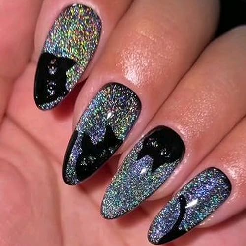 Press On Nails Almond, SHOWMORE Rainbow Glitter Fake Nails Medium Cat Eye Glue On Nails False Nails with Design Reusable Stick On Nails, 12 Sizes 24 Nail Kit with Glue (Handmade) - Image 4