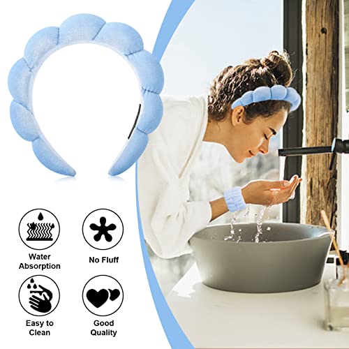 Sponge Spa Headband Wrist Washband Scrunchies Cuffs for Face Washing Set,Big Spa Hairband Towel Wash Wristbands Mask Brush for Women Girls Makeup Hair Accessory(4 blue) - Image 5
