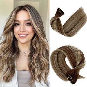20 Inch Real Human Hair Extensions Clip ins Hair Weft Silky Straight Chocolate Brown with Platinum Blonde Highlights Clip on Brazilian Virgin Human Hair Extensions Double Weft Natural Hair Extensions