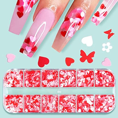 12 Grids Heart Nail Art Stickers 3D Heart Nail Glitter Sequins White Red Pink Butterfly Heart Glitter Flakes Heart Nail Decals Valentines Nail Design Supplies Confetti Glitter for Nail Art Decoration - Image 3