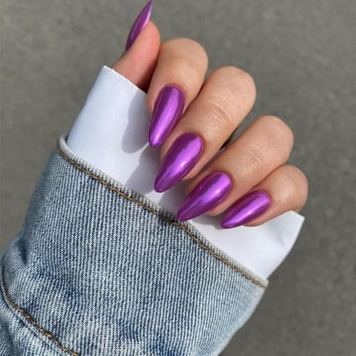 24PCS Medium Almond Purple Red Chrome Press On Nails with Gold Metallic Stiletto Accents - Image 3
