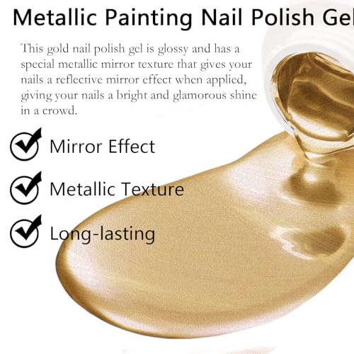 Metallic Painting Nail Polish Gel, Mirror Painting UV Gel Polish, 3D Gold Silver Nail Art Painting Liner, Chrome Gel Nail Polish Glossy UV/LED DIY Nail Manicure (Gold) - Image 3