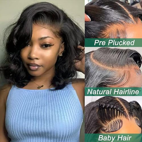 Bob Wig Human Hair 13x4 Frontal Lace Wig Body Wave HD Lace Front Wigs Human Hair Pre Plucked Short Bob Wigs for Women Human Hair Glueless Wig Natural Black Color (10 inch, Bob Wig Human Hair) - Image 2