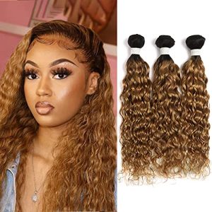 X-TRESS 3 Bundles(10+12+14) Ombre Curly Blonde Human Hair Bundles Honey Blonde and Black Bundles Brazilian Remy Virgin 100% Human Hair Weave Color #1b27 Water Wave Bundles (10 12 14)