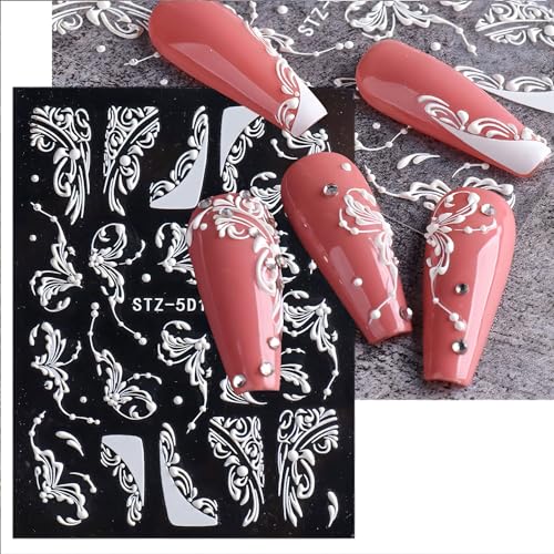 5D White Lace Flower Nail Art Stickers Decals 4pc Set for Wedding Manicure Decor - Image 3