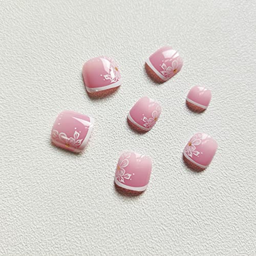 White French Tip Press on Toenails,Short Square Fake Toe Nails Spring Summer Flower False Toe Nails Full Cover Glue on Toenails Glossy Acrylic Toenails Stick on Toenails for Women and Girls 24Pcs - Image 3