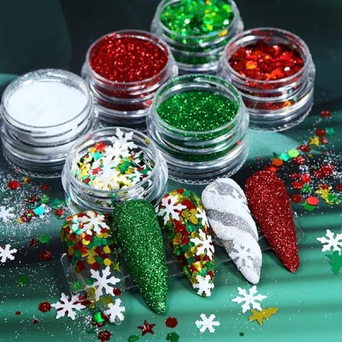 Christmas Nail Glitters Christmas Tree Snowflakes Nail Sequins Red Green Mixed Xmas Designs Powder Hexagon Chunky Glitter Flakes Nail Art Glitter Christmas Nail Accessories for DIY Nail Craft - Image 6