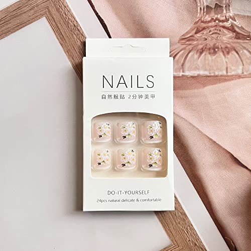 French Tip Press on Toenails Short Square Fake Toe Nails, Spring Press on Toenails with Flower Designs Acrylic Toe Nails Glossy Toe Nail Tips Glue on Toenails for Women Girls 24Pcs - Image 7