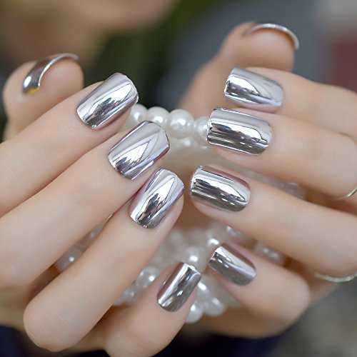 iMABC Press on Nails Metallic Mirror Sliver Fake Nail |UV Medium-short Square False Nails | Glue Acrylic Decoration Manicure Gift for Girls Women Wear 24Pcs - Image 4
