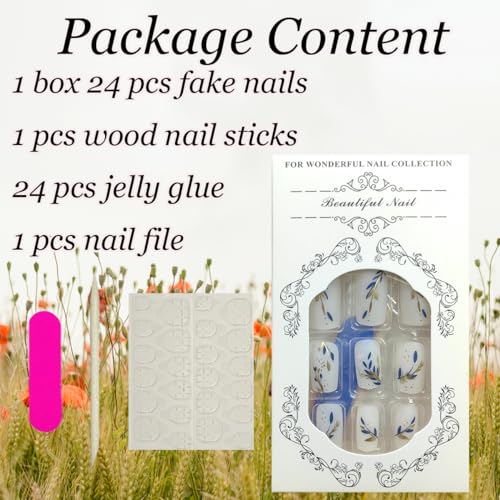 24Pcs White Press on Nails Square Medium Short Acrylic Fake Nails Gold Blue Splicing Leaves Design False Nails Full Cover Leaf Glue on Nails Reusable Coffin Artificial Stick on Nails for Women Girls - Image 5