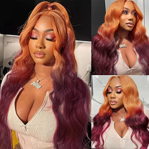 Ginger to Dark Purple Ombre 26 Inch Body Wave Human Hair Wig 150% Density Lace Front