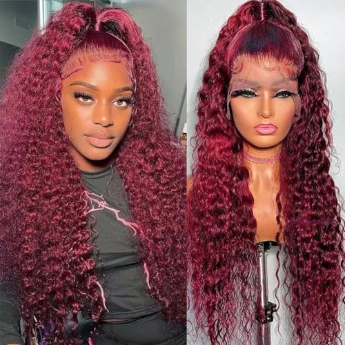 99j Burgundy Lace Front Wigs Human Hair 13x6 HD Transparent Deep Wave Lace Frontal Wigs Natural Hairline Human Hair Wigs for Women Pre Plucked 180% Density(20 Inch) - Image 2