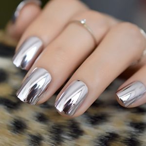 iMABC Press on Nails Metallic Mirror Sliver Fake Nail |UV Medium-short Square False Nails | Glue Acrylic Decoration Manicure Gift for Girls Women Wear 24Pcs