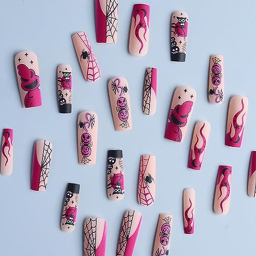 Halloween Press on Nails Long Coffin Fake Nails Full Cover False Nails with Scary Ghost Designs Spider Web Acrylic Nails Matte Stick on Nails Halloween Artificial Nails for Women and Girls 24Pcs - Image 2