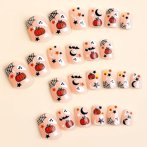 Halloween Press on Nails Short Square Fake Nails Cute Pumpkin Spider Star Moon Full Cover Stick on Nails Halloween Ghost False Nails Nude Pink Acrylic Nails Glossy Static Nails for Women DIY 24Pcs - Image 2