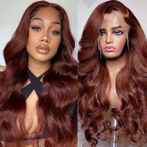 Reddish Brown 24 Inch 200% Density Human Hair Body Wave Lace Front Wig with Baby Hair