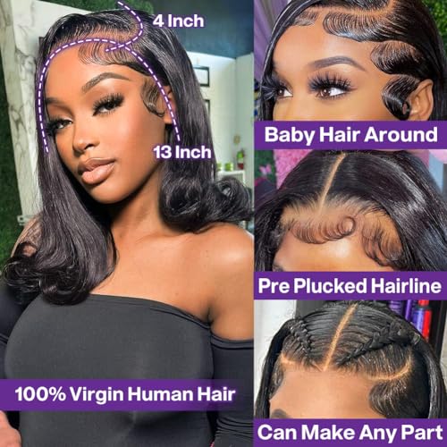 Bob Wig Human Hair 13x4 Frontal Lace Wig Short Straight HD Lace Front Bob Wigs for Black Women Human Hair Glueless Pre Plucked Hairline with Baby Hair 180% Density 16 Inch - Image 2