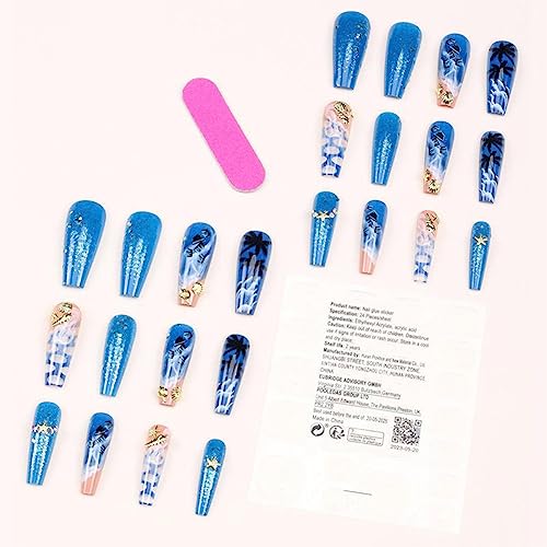 24Pcs Acrylic Press on Nails Long Fake Nails,Sun Beach Coconut Tree False Nails with Designs, Summer Nails Coffin Nails Press ons Colorful Artificial Nails For Women Girls - Image 2