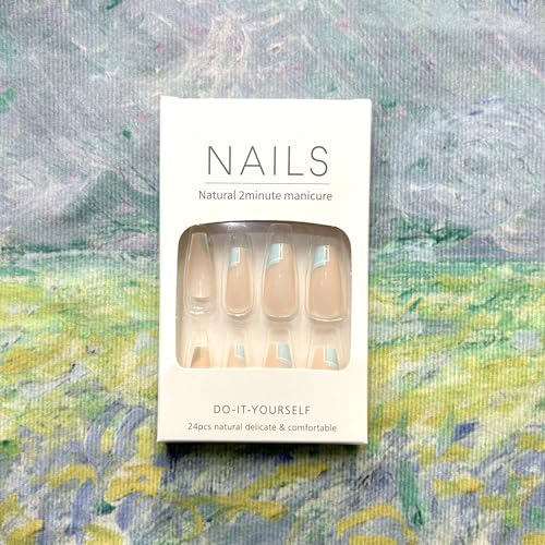 French Tip Press on Nails Medium Coffin Fake Nails Green Blue Glue on Nails Swirl False Nails with Design Acrylic Nails Full Cover Glossy Stick on Nails Artificial Nails for Women Girls - Image 5