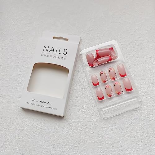 24Pcs Medium Press on Nails Square Fake Nails French Tip Full Cover Glue on Nails with Multicolor Designs Flower False Nails Glossy Pink Acrylic Stick on Nails DIY for Women - Image 5